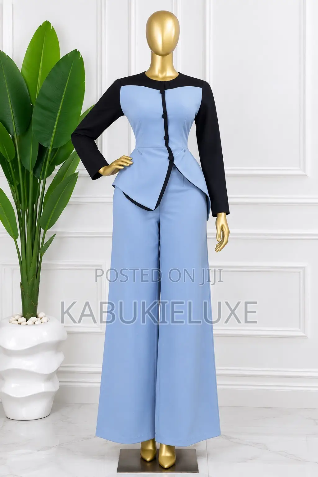 Women’s Elegant Blue Wide-Leg Trousers and Asymmetrical Top Set