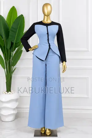 Women’s Elegant Blue Wide-Leg Trousers and Asymmetrical Top Set