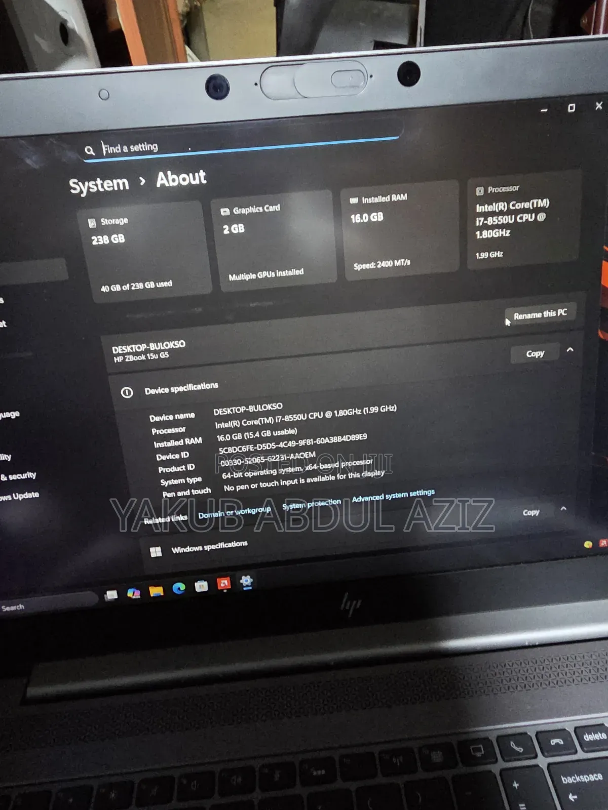 Laptop HP ZBook 15u G5 16GB Intel Core i7 SSD 256GB