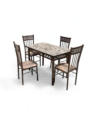 4 Seater Metal Dining Set- Marble Top Table Set+4 Cushioned Chairs