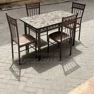 4 Seater Metal Dining Set- Marble Top Table Set+4 Cushioned Chairs