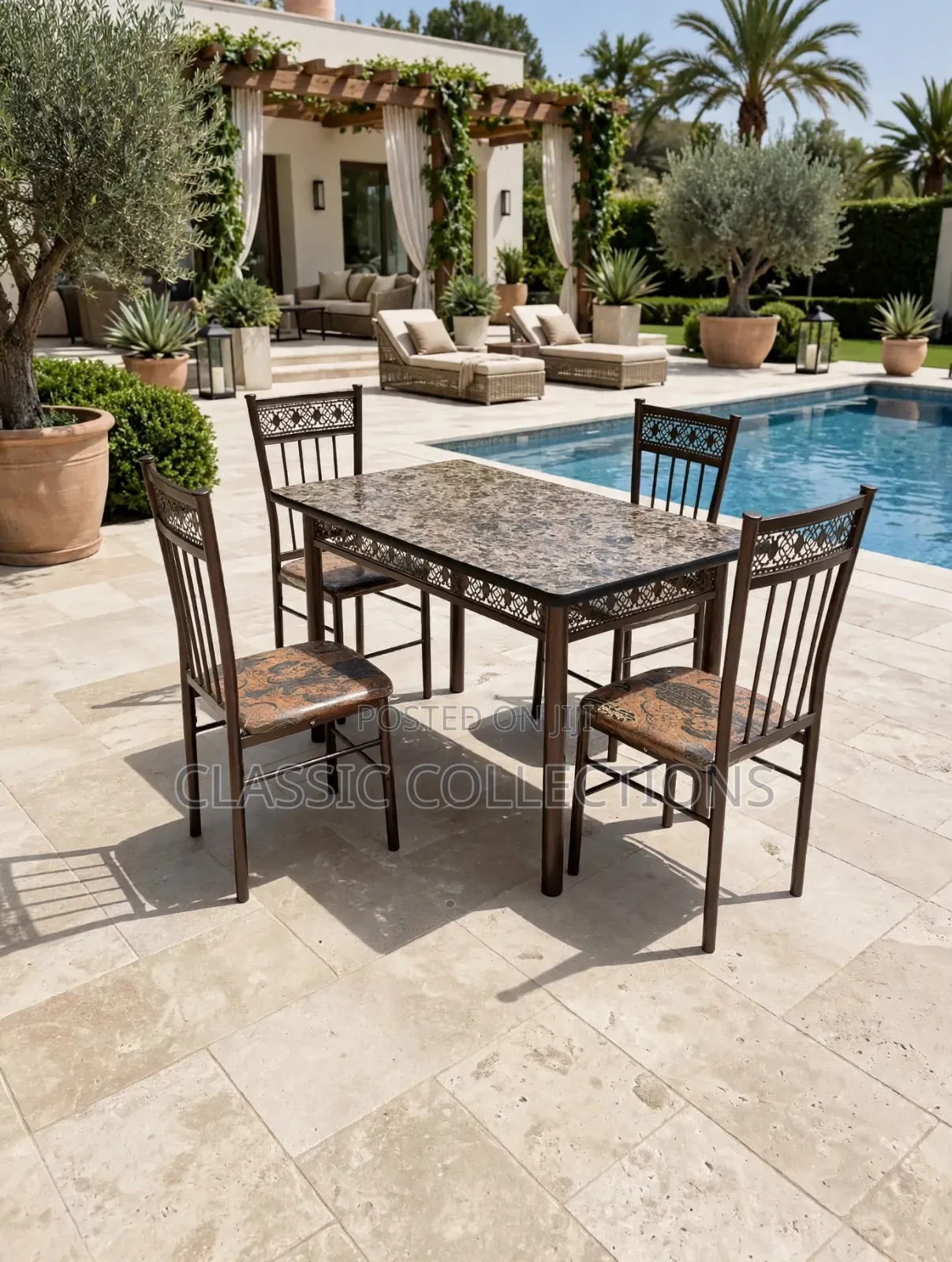 4 Seater Metal Dining Set- Marble Top Table Set+4 Cushioned Chairs