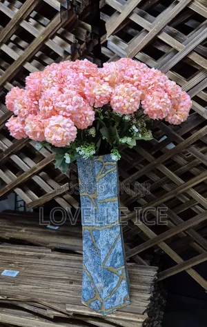 Turquoise Blue/Gold Floor Vase With Hydrangea Flowers