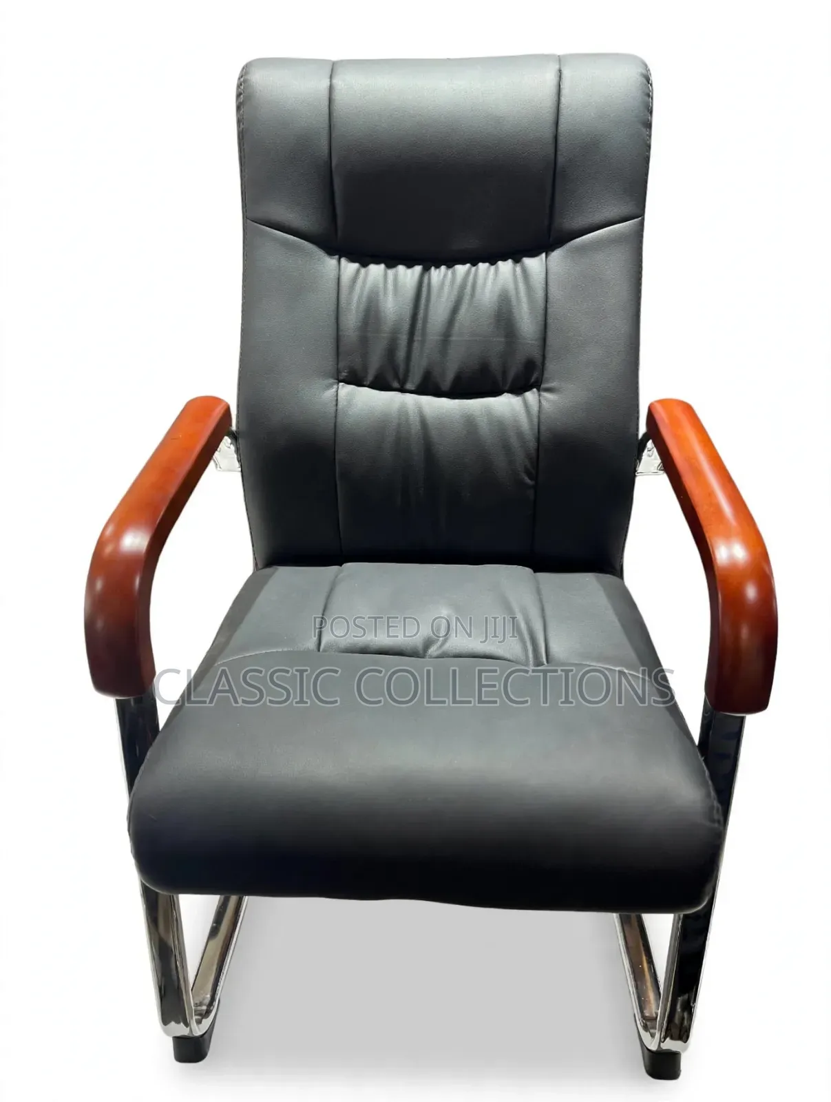 Executive Leather Visitor Chair-Wooden Armrest and Chrome Base