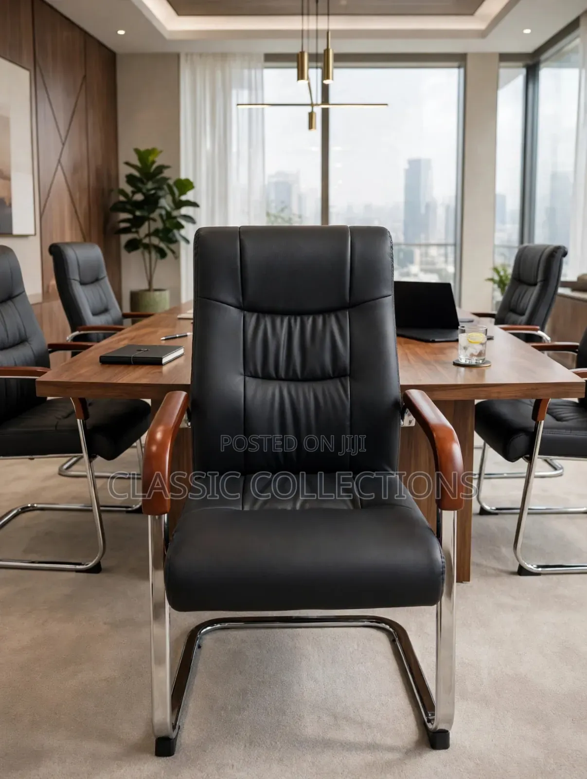 Executive Leather Visitor Chair-Wooden Armrest and Chrome Base