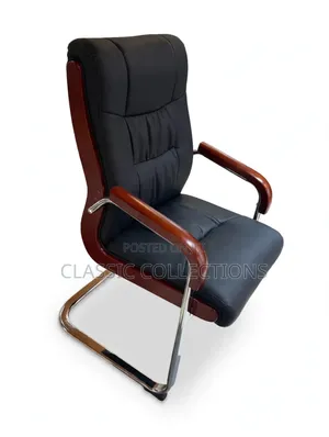 Executive Leather Visitor Chair-Wooden Armrest and Chrome Base