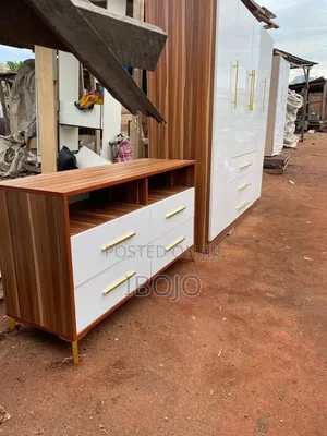 4 in 1 Builtin White and Brownwood Formica Board Wadrobe With TV Stand