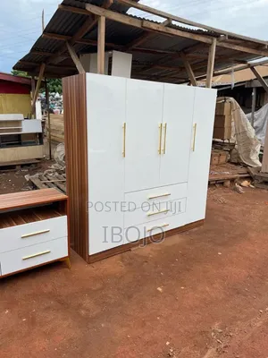 4 in 1 Builtin White and Brownwood Formica Board Wadrobe With TV Stand