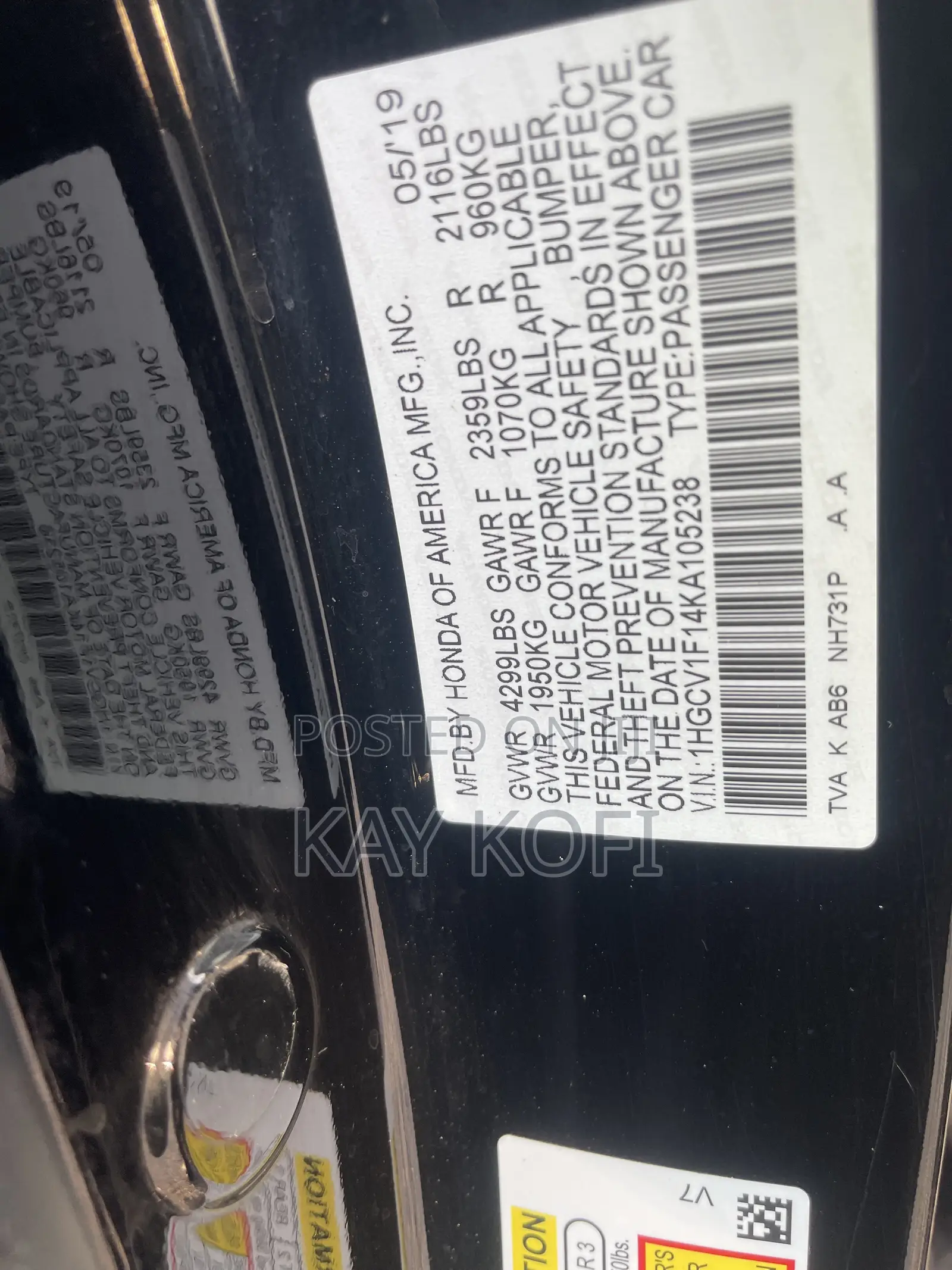 Honda Accord LX (1.5L 4cyl Turbo CVT) 2019 Black