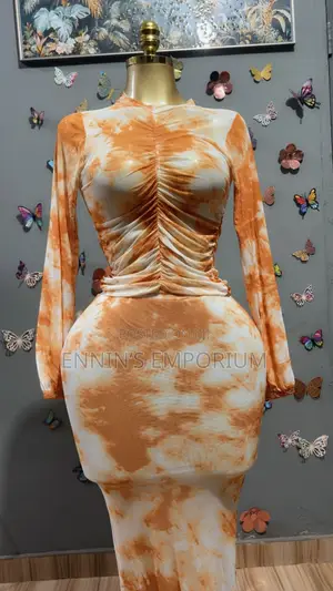 Elegant, Figure-Hugging Orange/ Red and White Tie-Dye Maxi Two Piece