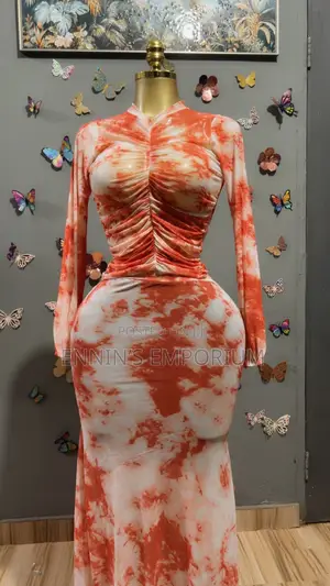 Elegant, Figure-Hugging Orange/ Red and White Tie-Dye Maxi Two Piece