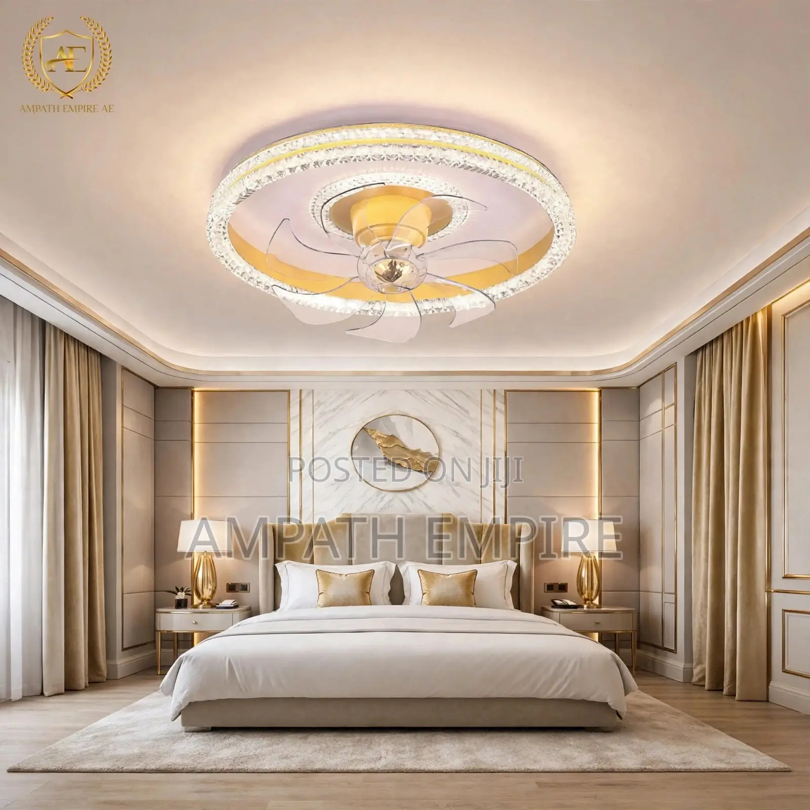 Summerwind Modern Crystal Ceiling Fan Light +Remote-80w Gold