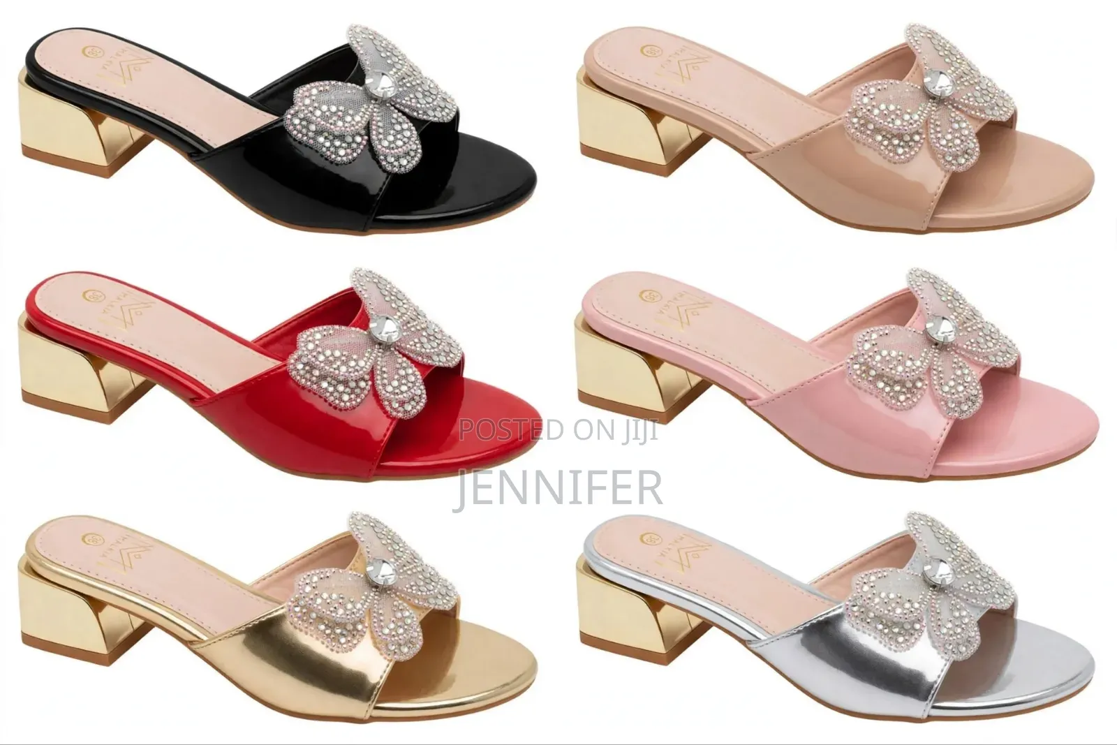 "MALKIA Butterfly Rhinestone Mules - Gold Block Heel - All Sizes