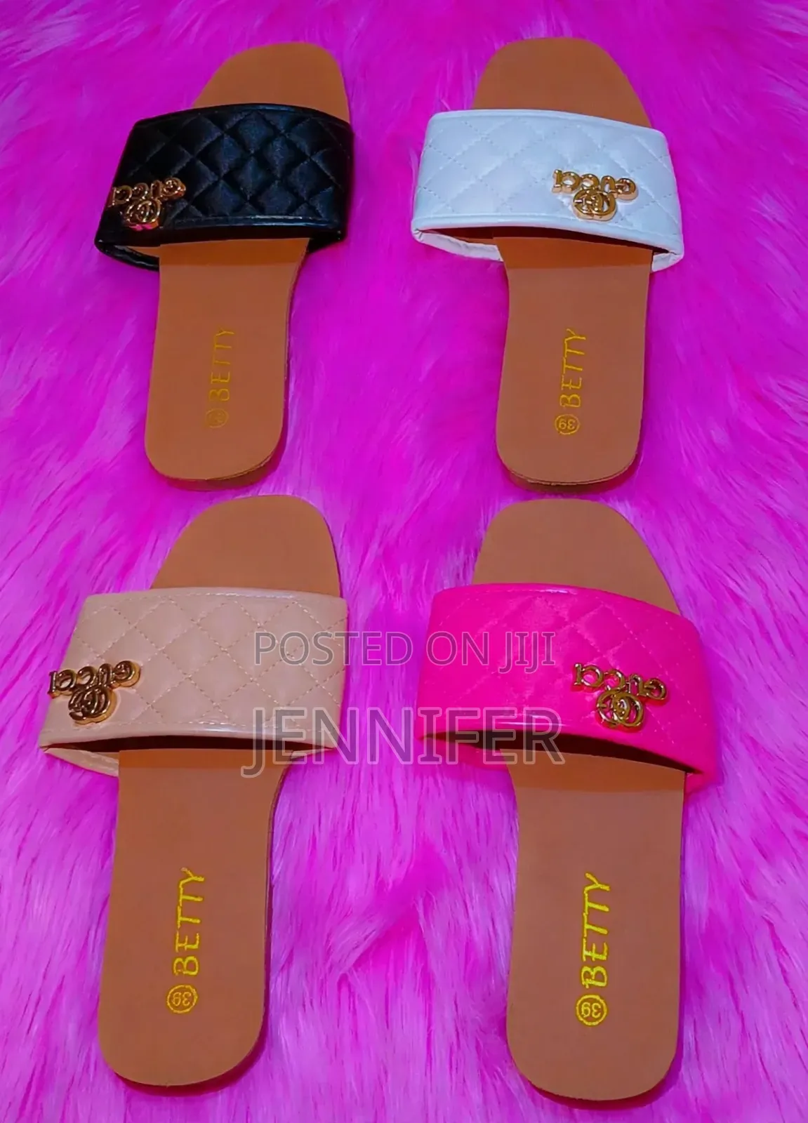 *BETTY Designer Quilted Slides With Gold Logo