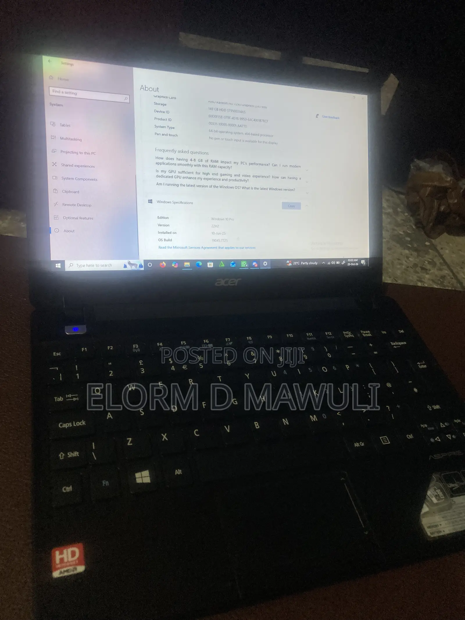 Laptop Acer Aspire 1 4GB AMD Ryzen 7 HDD 140GB