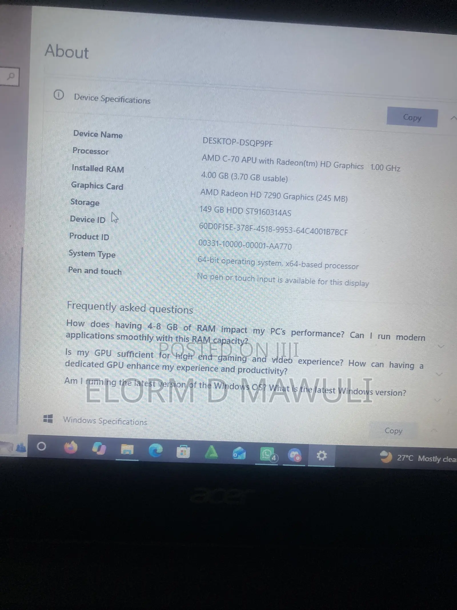 Laptop Acer Aspire 1 4GB AMD Ryzen 7 HDD 140GB