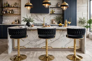 Basket-Weave Velvet Bar Stool With Adjustable Gold Pedestal Base