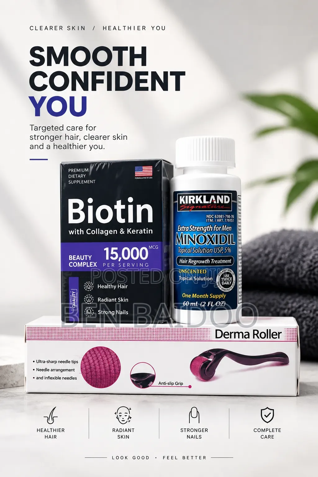 Kirkland Minoxidil+Derma Roller+Biotin (Hair Regrowth Confidence)