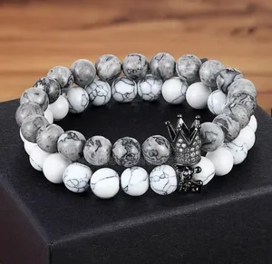 Golden Tiger’s Eye and White & Gray Howlite Crown Luxury Bracelet Sets