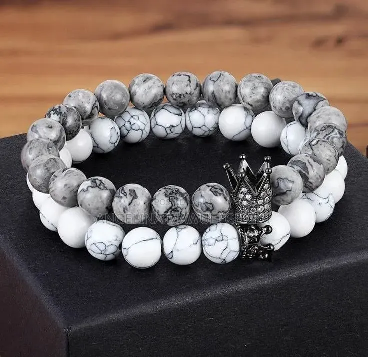 Golden Tiger’s Eye and White & Gray Howlite Crown Luxury Bracelet Sets