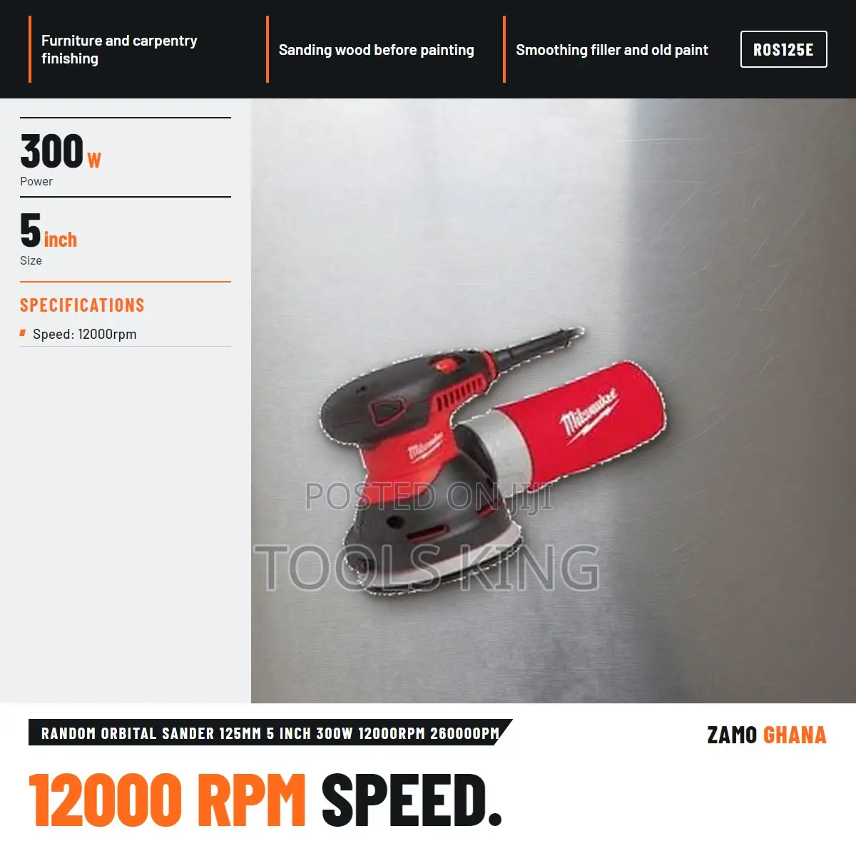 Random Orbital Sander 125Mm 5 Inch 300W 12000Rpm 26000Opm - ROS125E