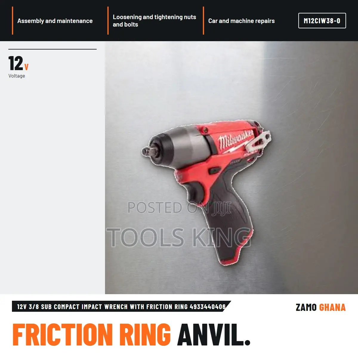 12V 3/8 Sub Compact Impact Wrench With Friction Ring 4933 - M12ciw38-0