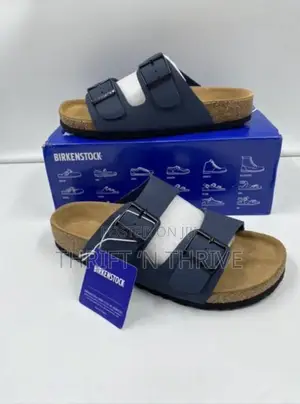 Blue Birkenstock Arizona Two-Strap Sandals With Cork Footbeds,