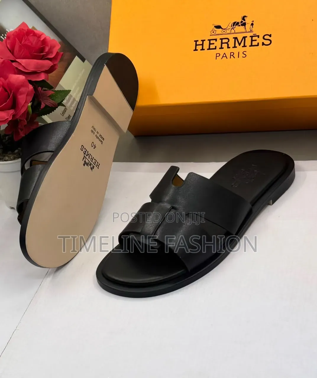 All Black Executive Men's Hermes Leather Slippers