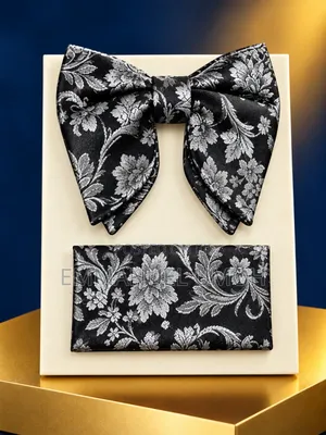 Elegant Silver and Black Bow Tie With Pocket Kerchief