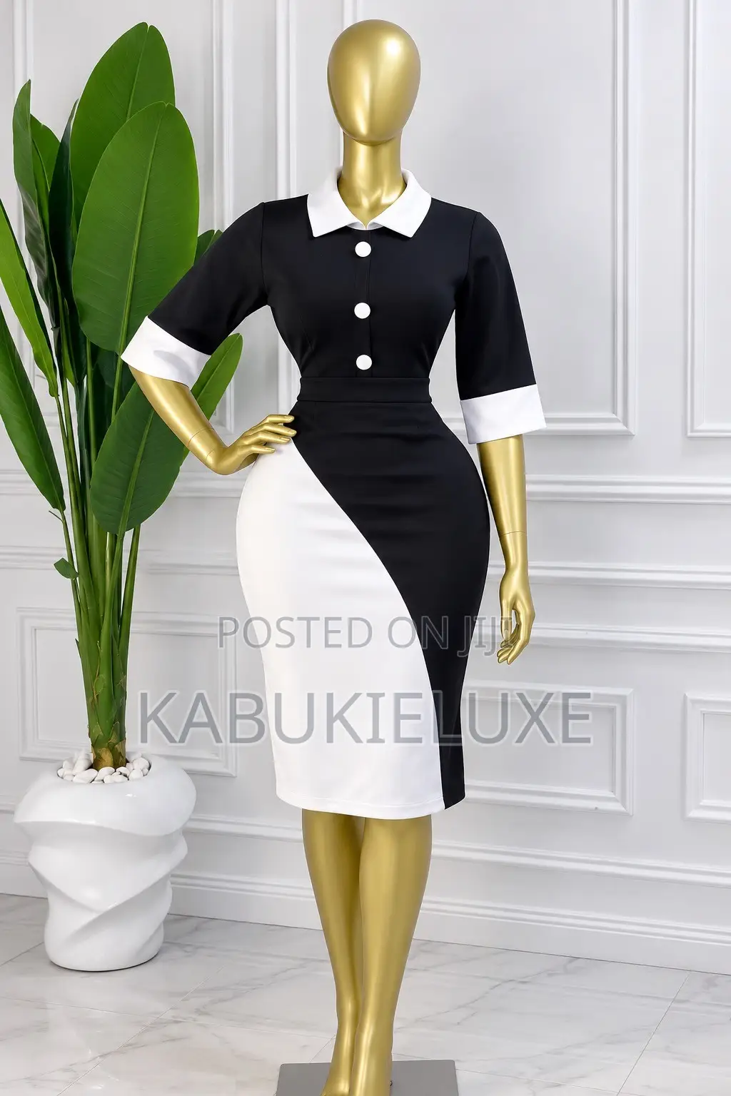 Classy Black and White Colour-Block Office Dress