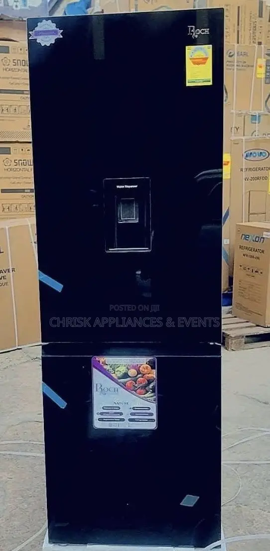 Roch 309l Black Glass Refrigerator With Water Dispenser