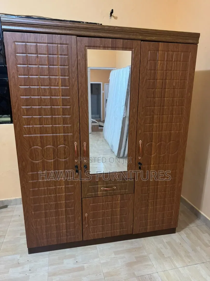 Wooden 3-Doors Wardrobe With Central Mirror and Drawer