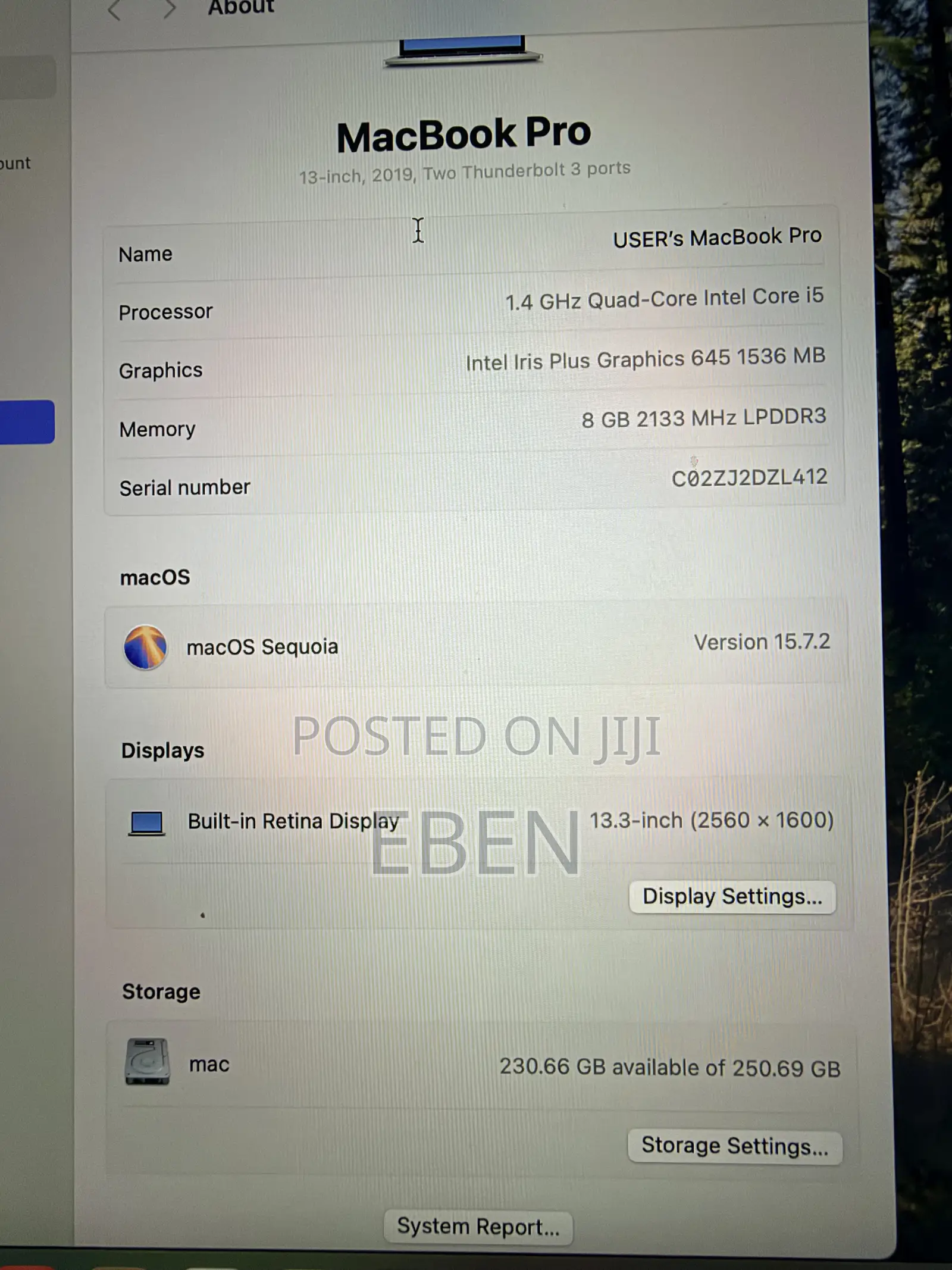 Laptop Apple MacBook Pro 2019 8GB Intel Core i5 HDD 256GB
