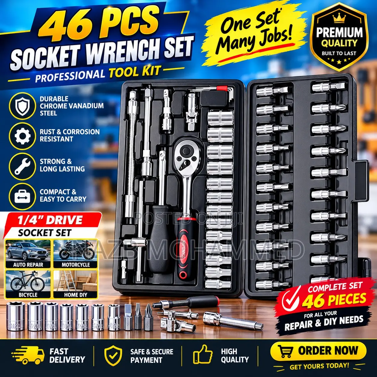 46-Piece Socket Wrench Set, Car / Motor Repair Tools Set