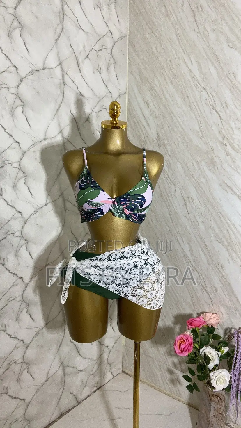 Green Floral Swimsuit With White Lace Cover Up