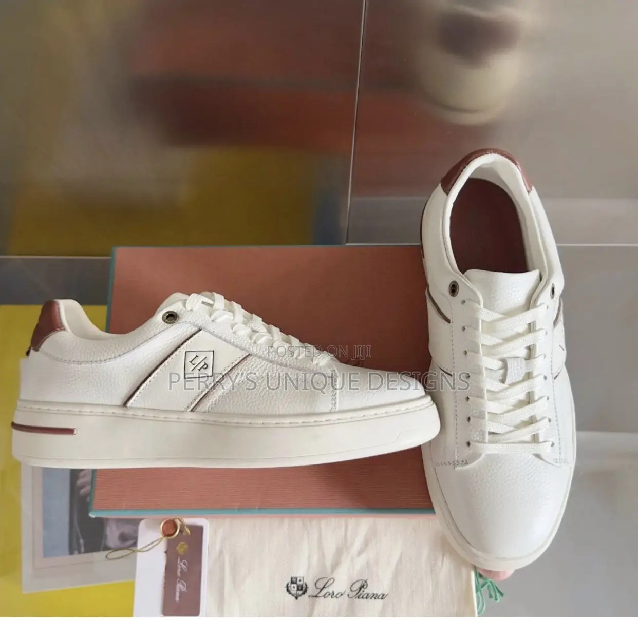 Luxury Men's White Leather Sneakers With Mahogany Trim