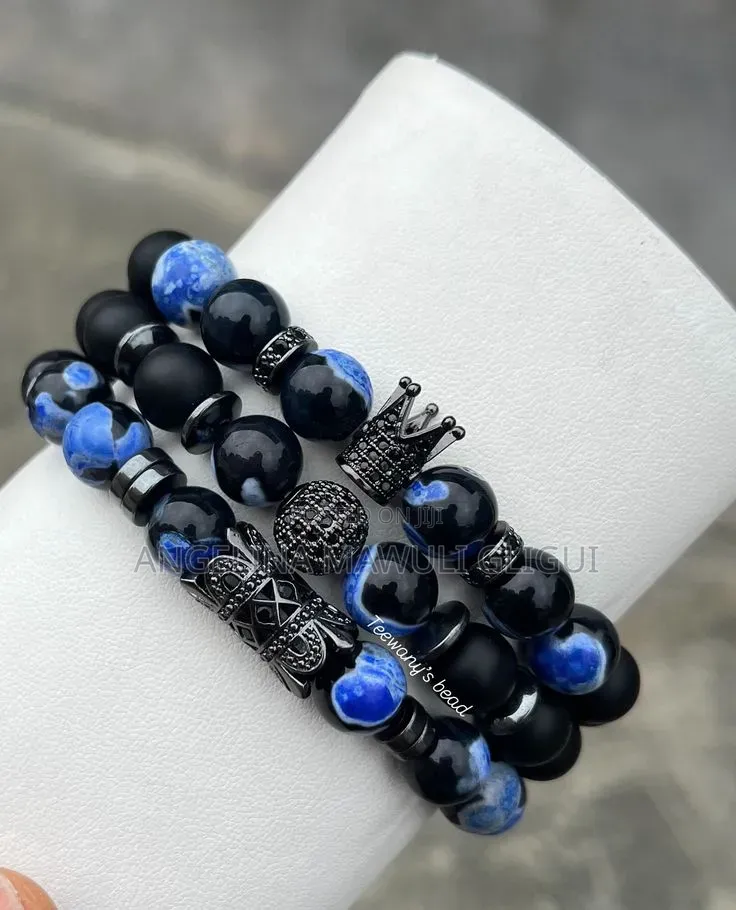 Luxury Men’s 3-Piece Gemstone Crown Bracelet Set