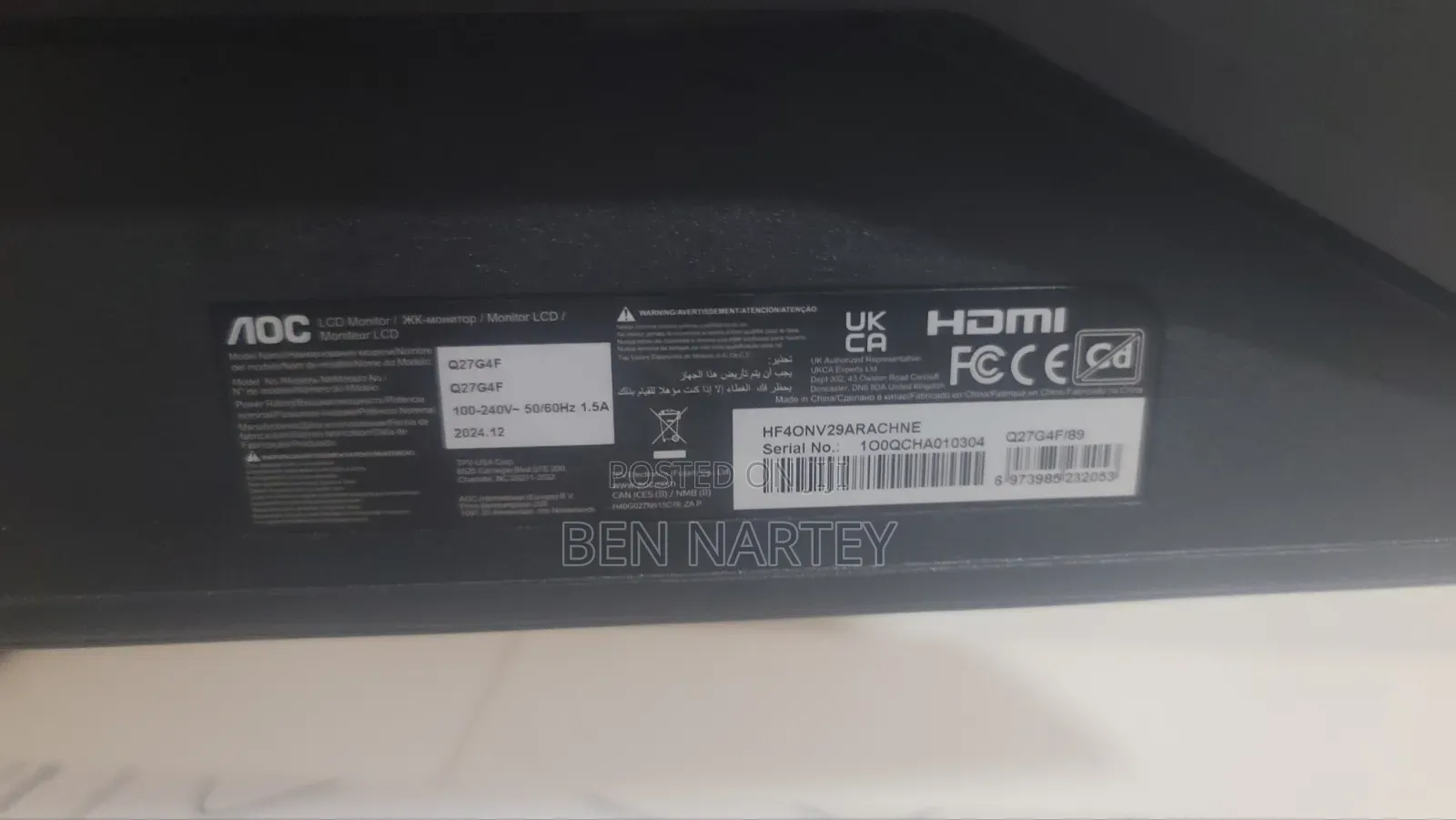 Slightly Used AOC Q27G4F Gaming Monitor