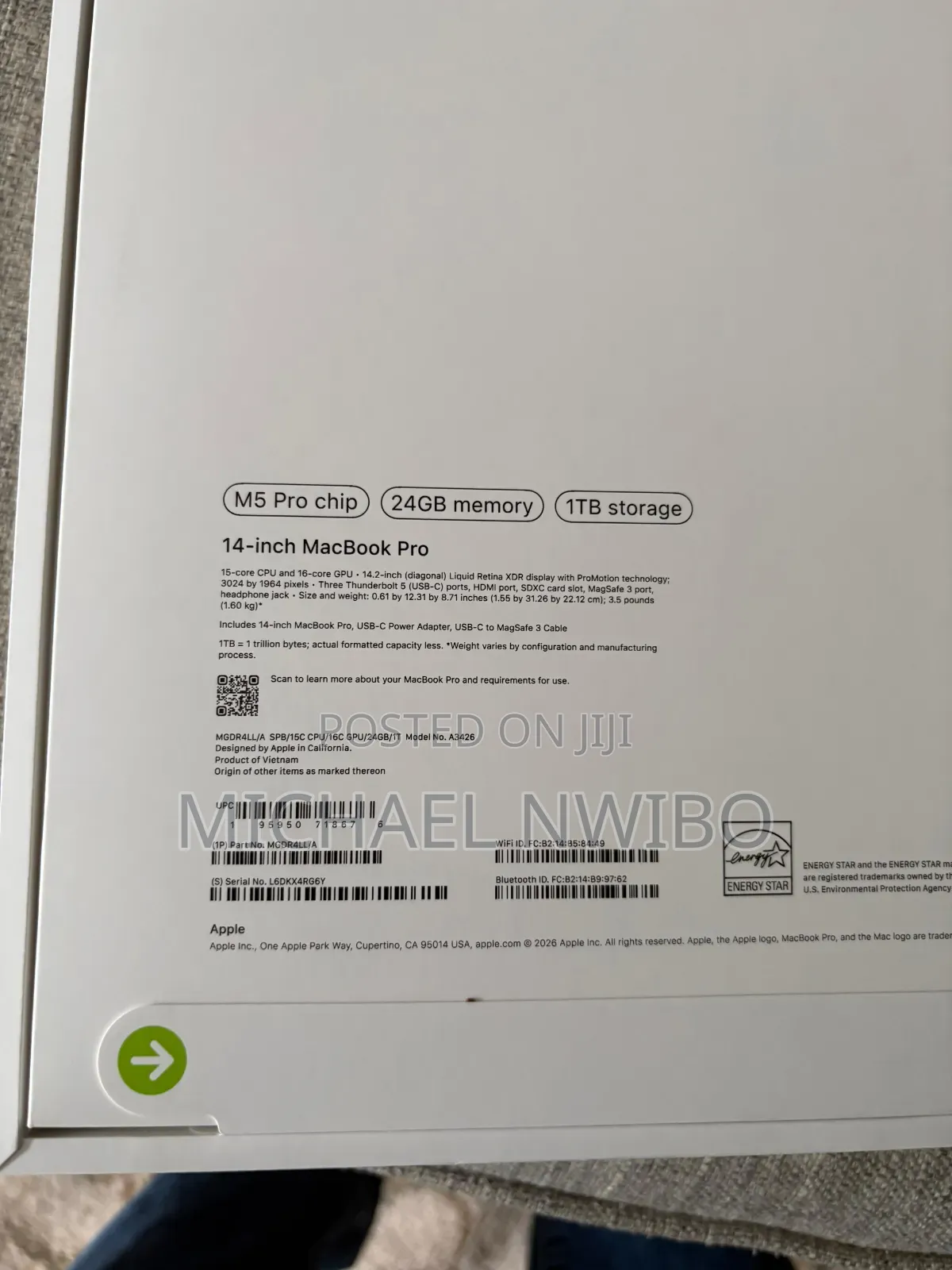 New Laptop Apple MacBook Pro 2026 M5 Pro 24GB Apple M5 Pro SSD 1T