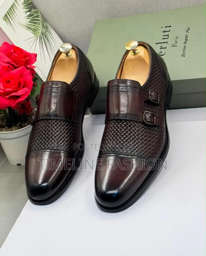 Coffee Brown Berluti Executive Men's Leather Monk Strap Shoes