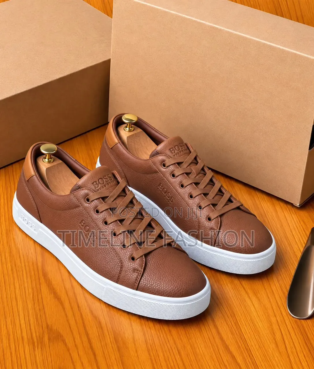Brown and White Hugo Boss Men's Casual Leather Sneakers