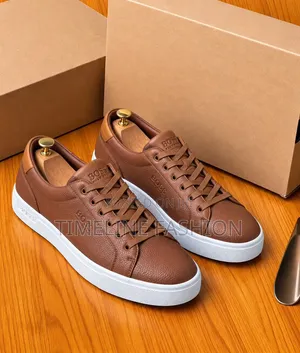 Brown and White Hugo Boss Men's Casual Leather Sneakers