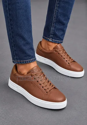 Brown and White Hugo Boss Men's Casual Leather Sneakers