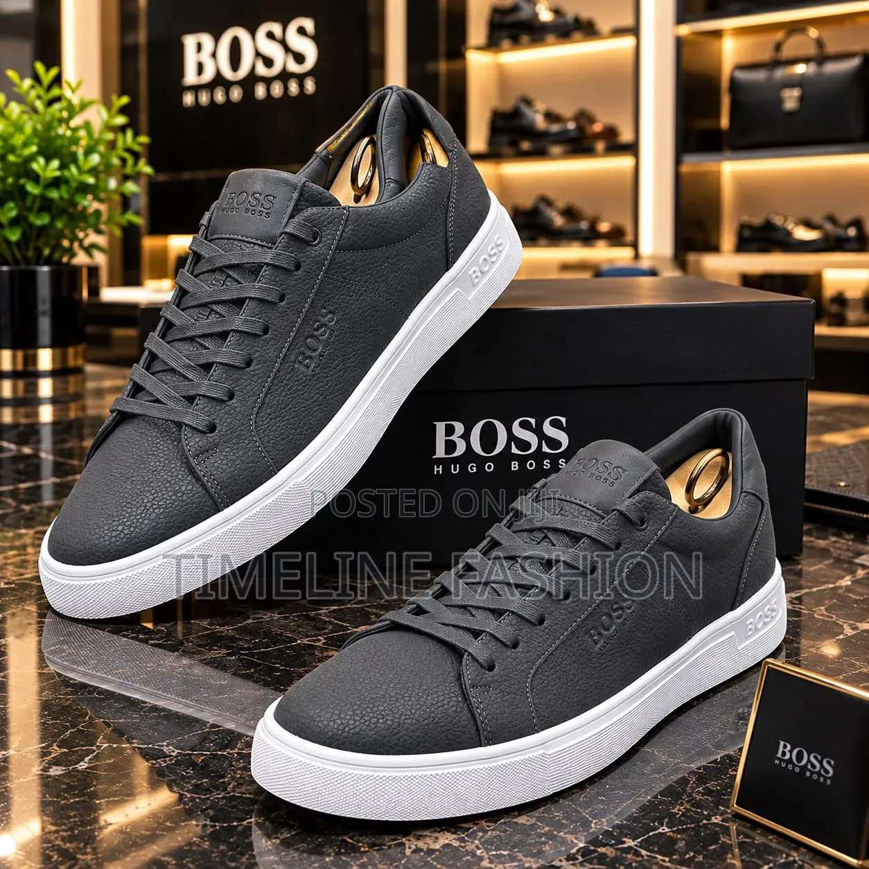 Gray and White Hugo Boss Men's Lace Up Sneakers