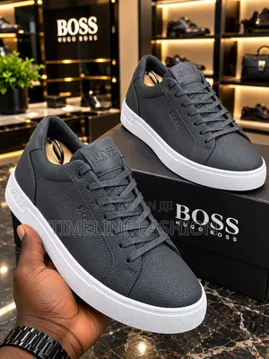 Gray and White Hugo Boss Men's Lace Up Sneakers