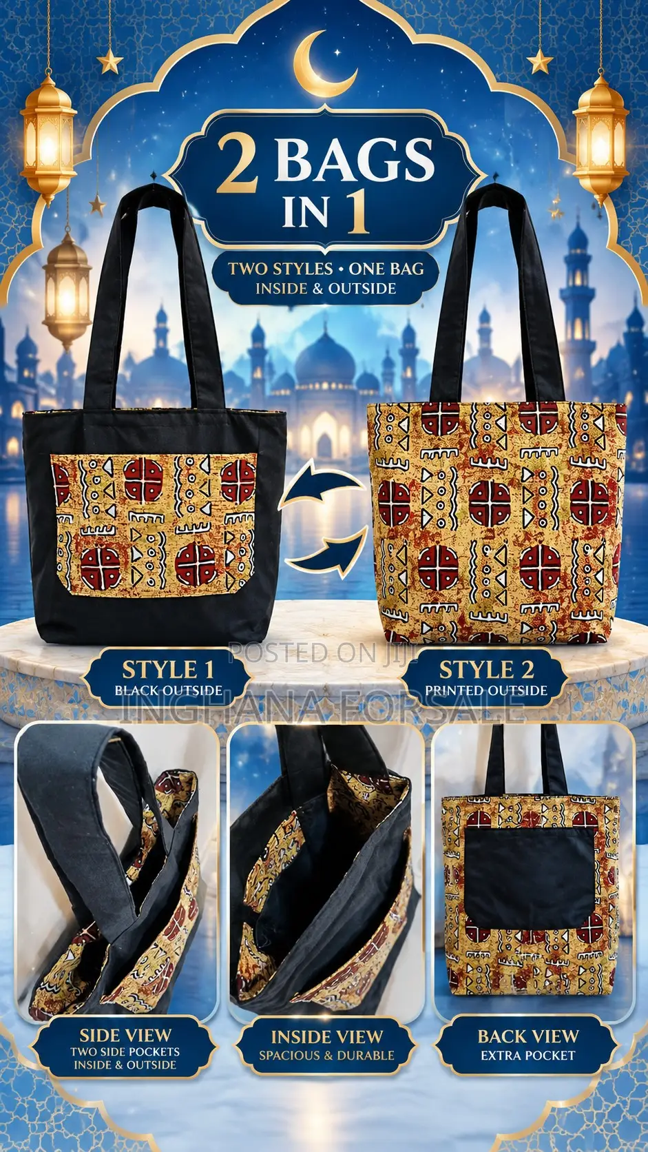 Traditional African Two Side Tote Bag. Stylish Two in One Bag