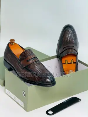 Brown Snake-Textured or Python-Embossed Leather Penny Loafers