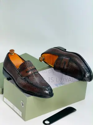 Brown Snake-Textured or Python-Embossed Leather Penny Loafers