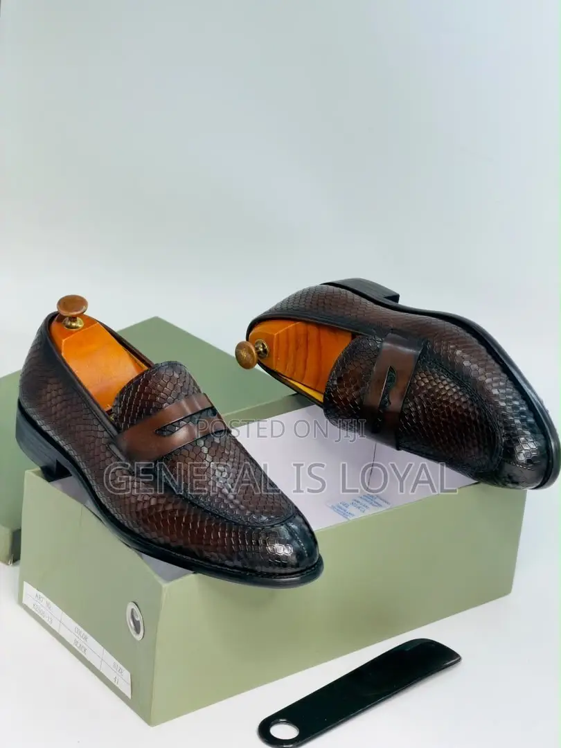 Brown Snake-Textured or Python-Embossed Leather Penny Loafers
