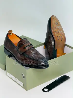 Brown Snake-Textured or Python-Embossed Leather Penny Loafers